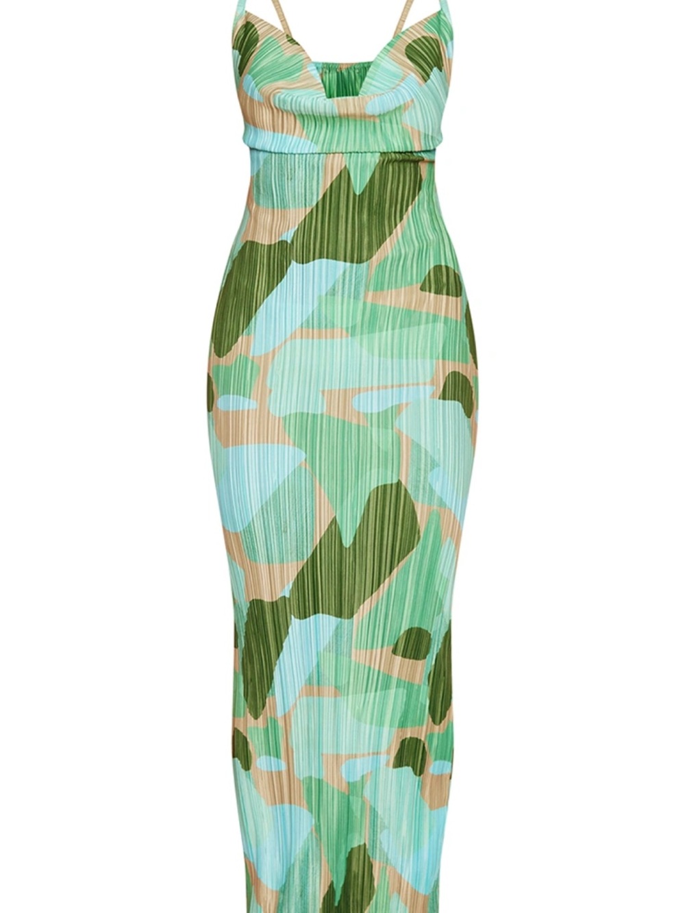 Pretty Little Thing Green Abstract Print Plisse Strappy Maxi Dress L